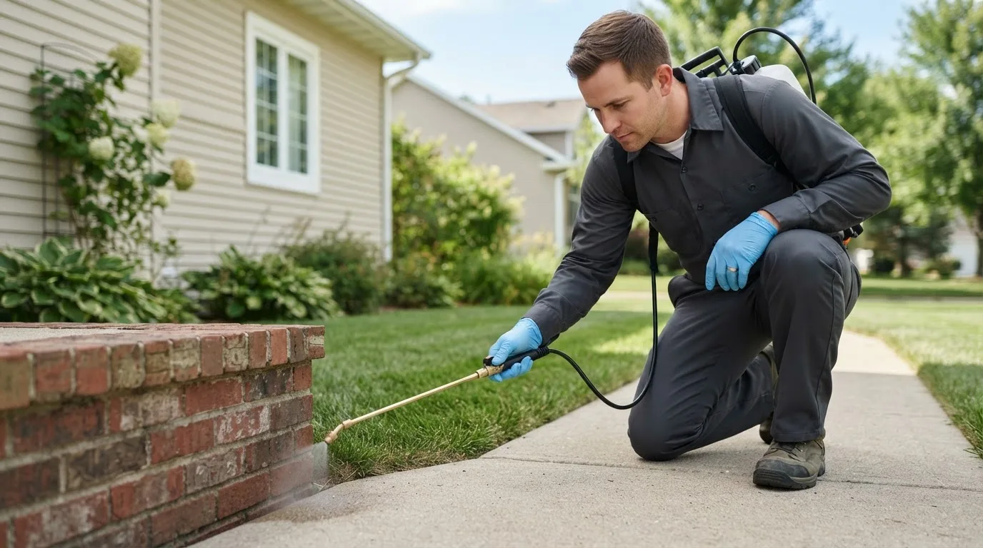 Pest control technician treating a home near Plainville, MA
