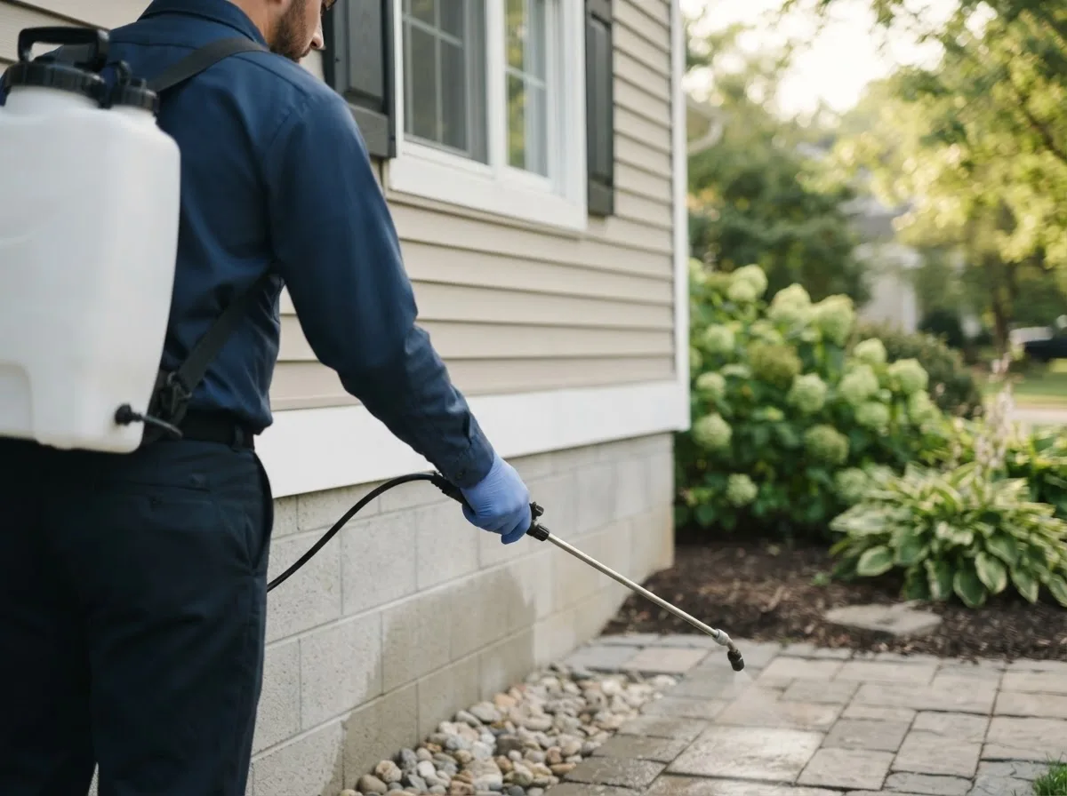 Pest control technician inspecting a home in Plainville, MA